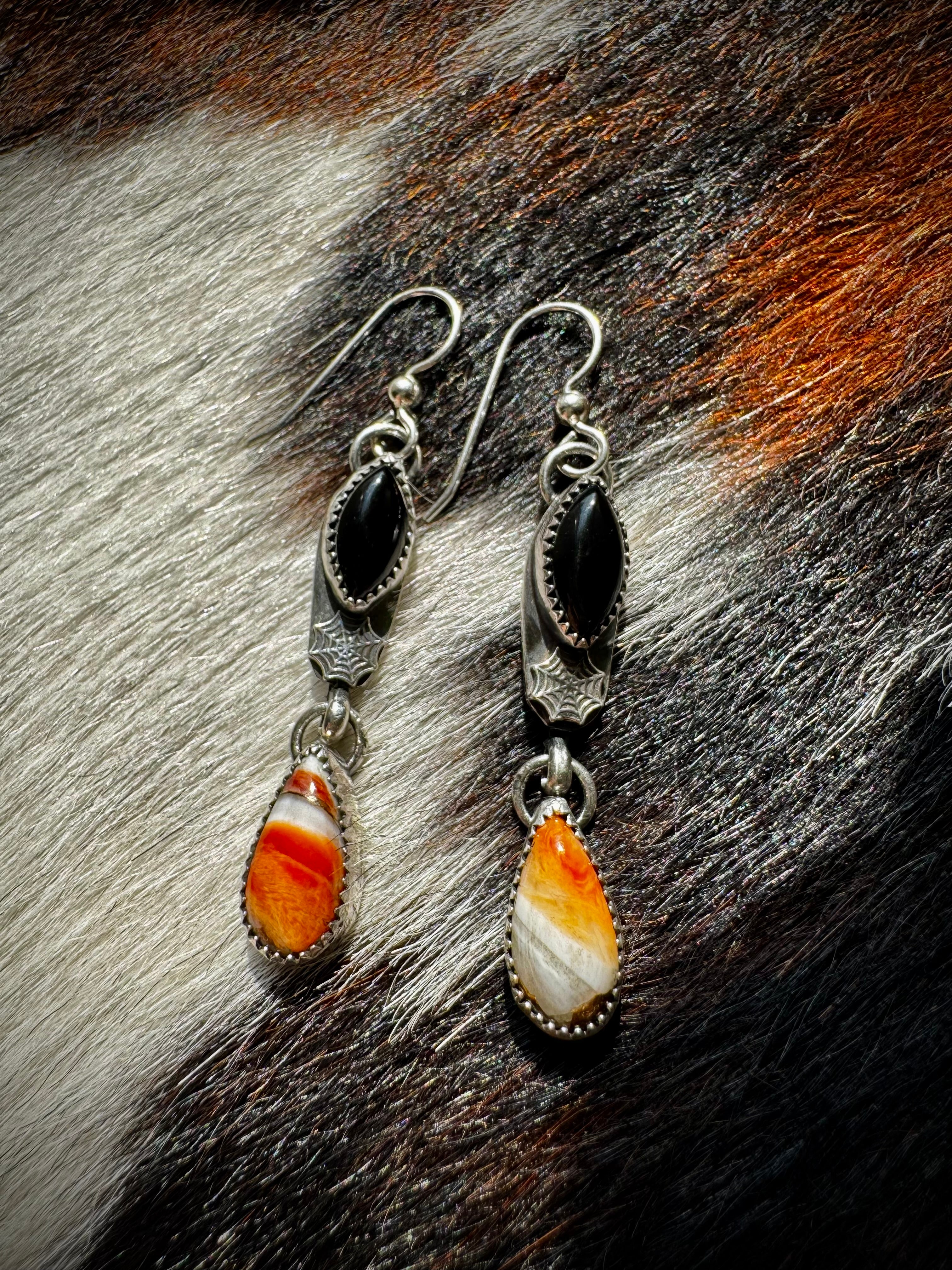 Spiny Oyster & Black Onyx Spider Web Earrings